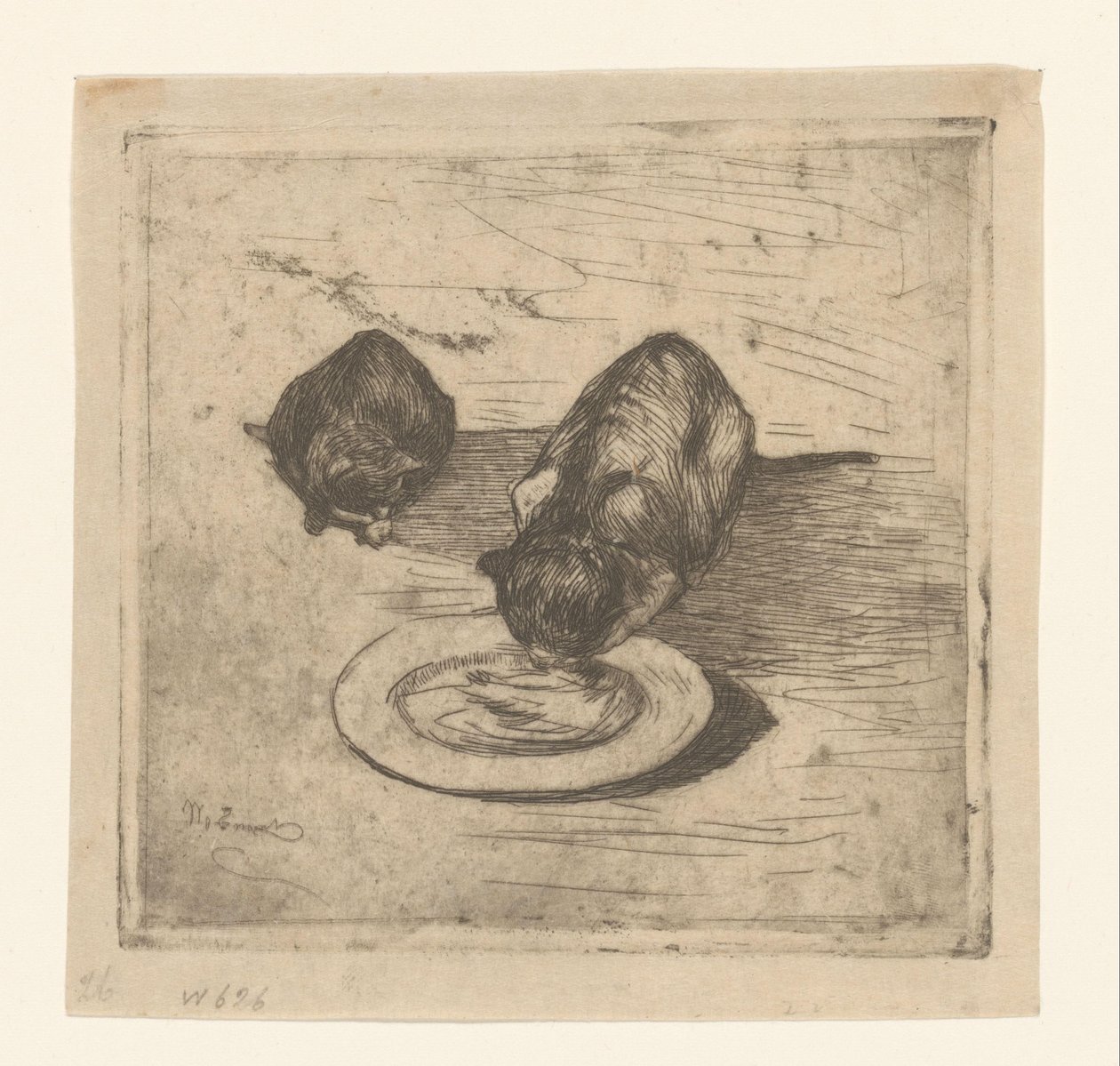 Dois gatos, um a beber de um prato
Dois gatinhos (título original) de Willem de Zwart