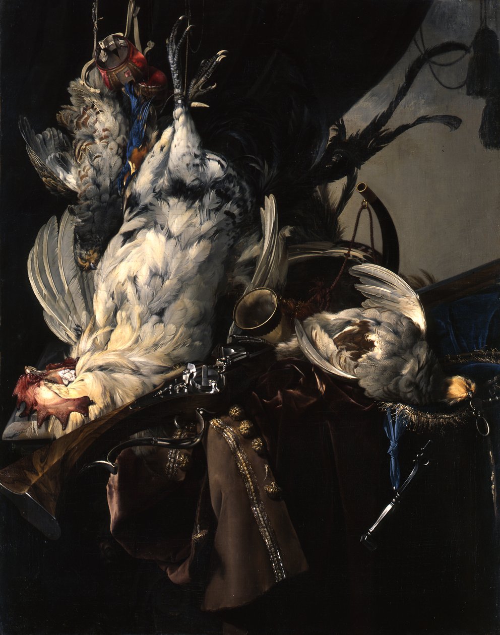 Alemão: Stilleben mit gelegten Vögeln und Jagdgeräten Natureza morta com caça e equipamento de caça de Willem van Aelst