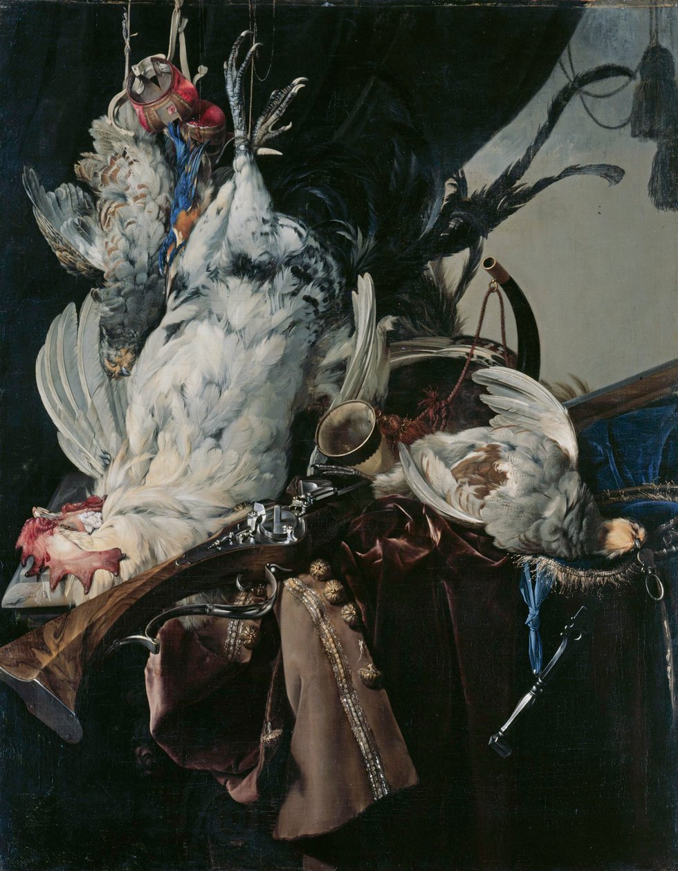 Alemão: Stilleben mit gelegten Vögeln und Jagdgeräten Natureza morta com caça e equipamento de caça de Willem van Aelst