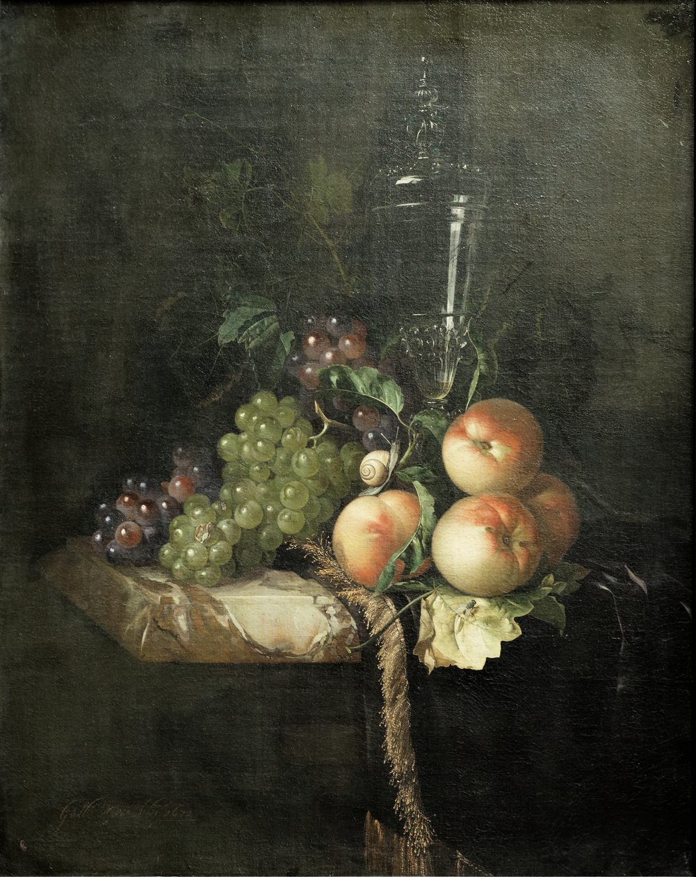 Uvas, pêssegos e copo grande de Willem van Aelst