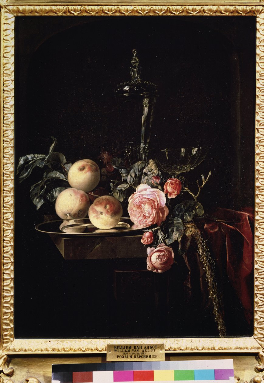 "Natureza morta de rosas e pêssegos" (Rosas e pêssegos) Pintura de Willem van Aelst (1625-c. 1683) 1659 Museu Pushkin, Moscovo de Willem van Aelst