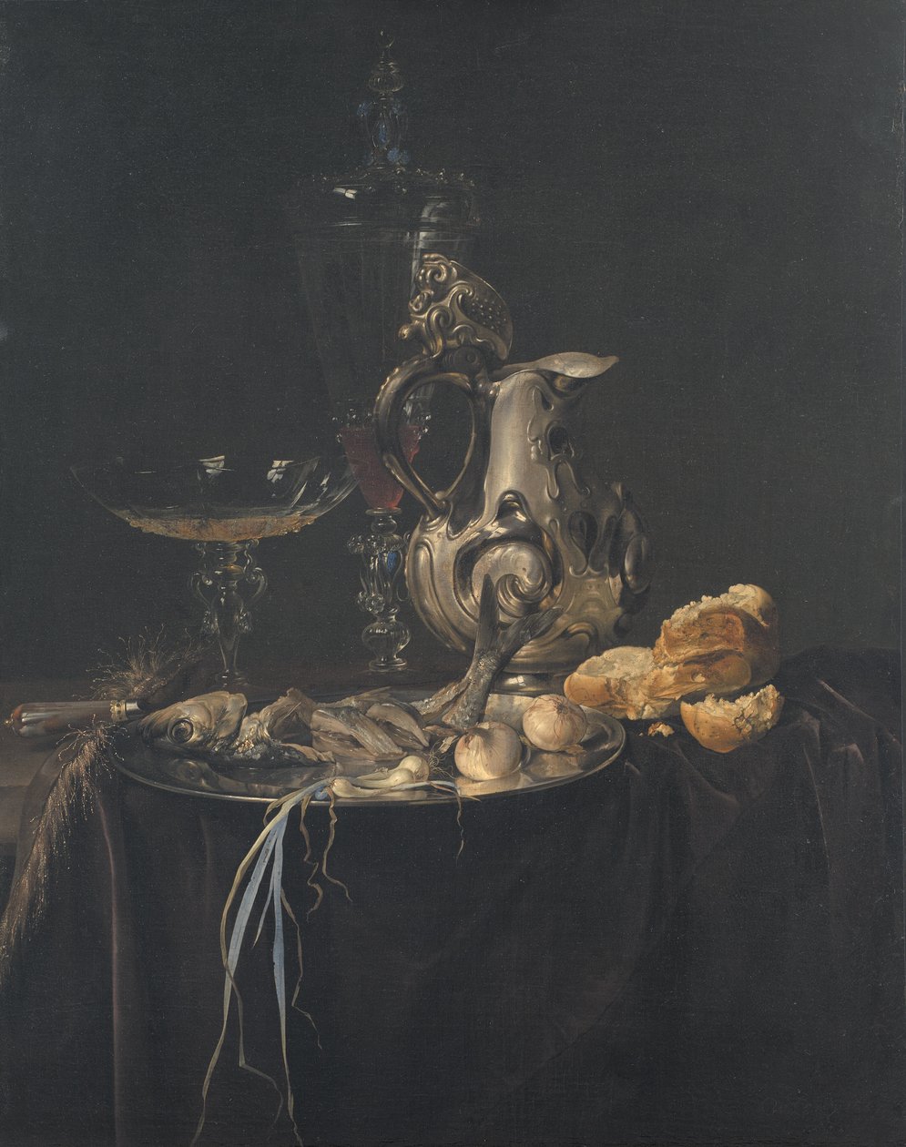Ainda Vida. Peça de café da manhã com um jarro de prata de Willem van Aelst
