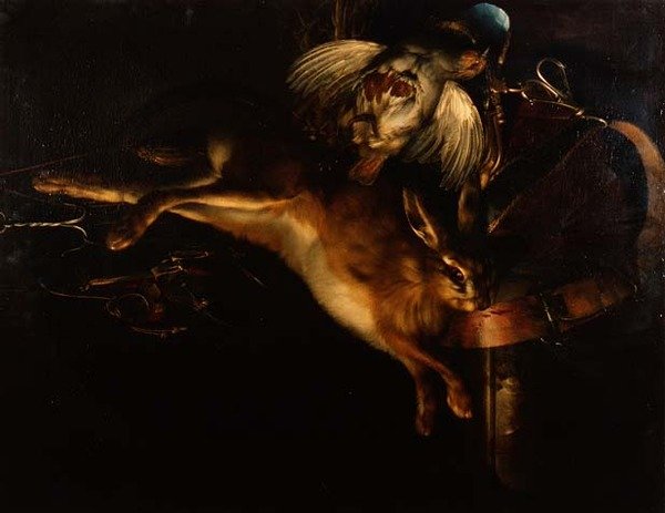Natureza Morta de uma Lebre, uma perdiz e equipamento de caça pendurado por cima de um parapeito de mármore de Willem van Aelst