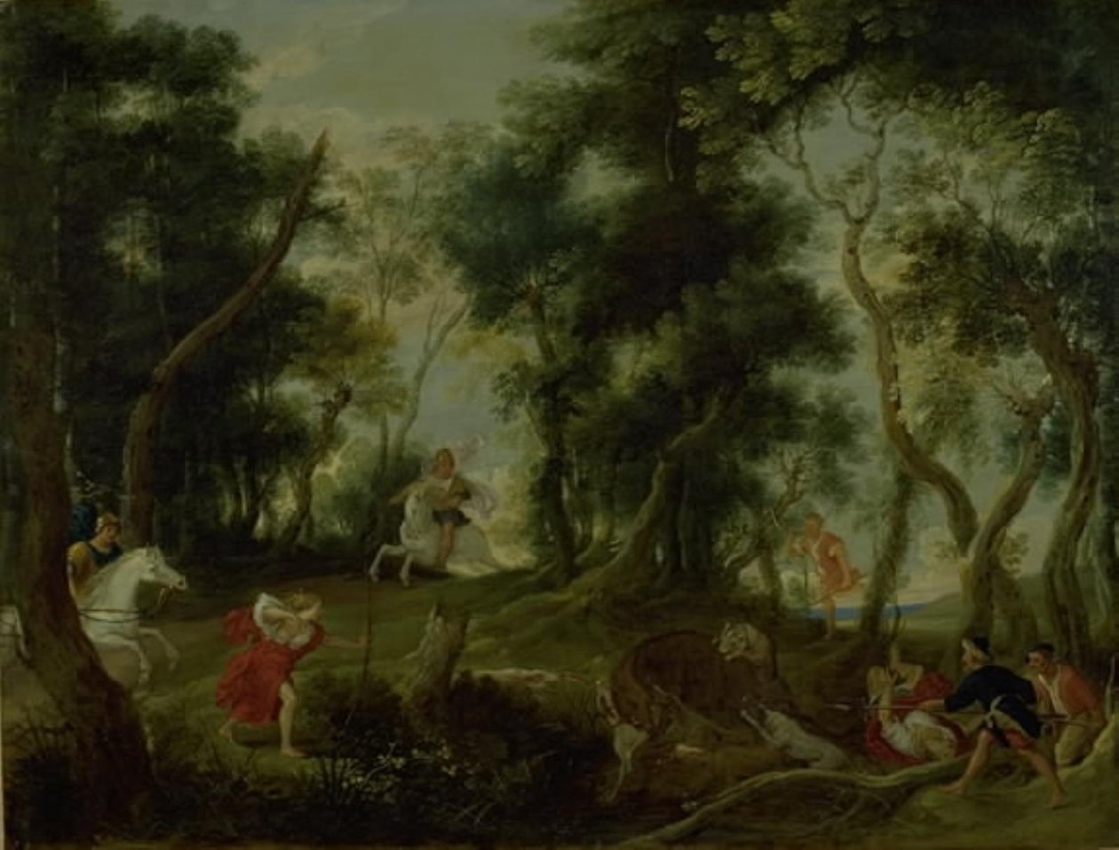 Paisagem com Atalanta e Meleager caçando o javali calidônio de Willem van Herp
