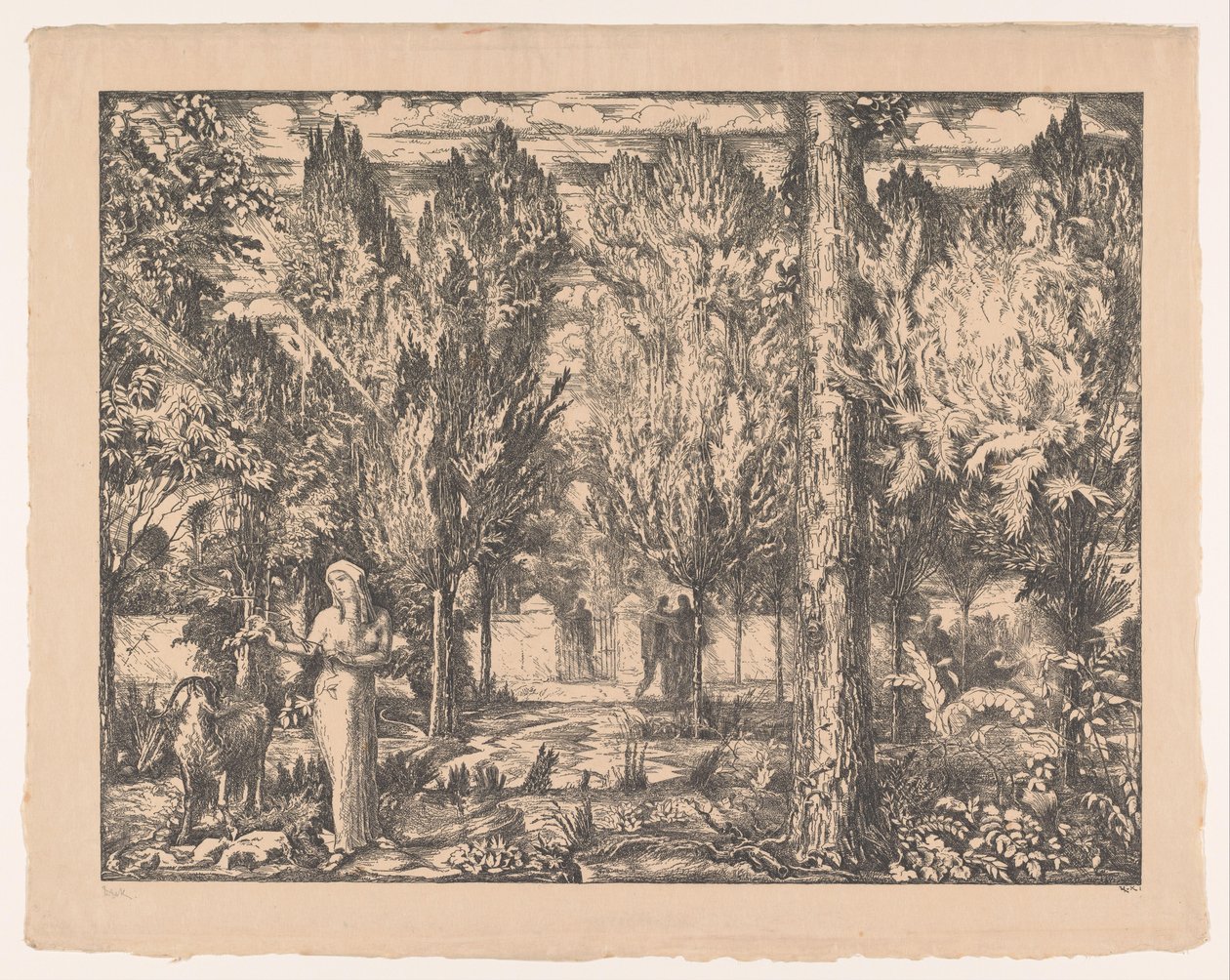 Mulher e carneiro no jardim murado O Parque (título original) de Willem van Konijnenburg (signed by artist)