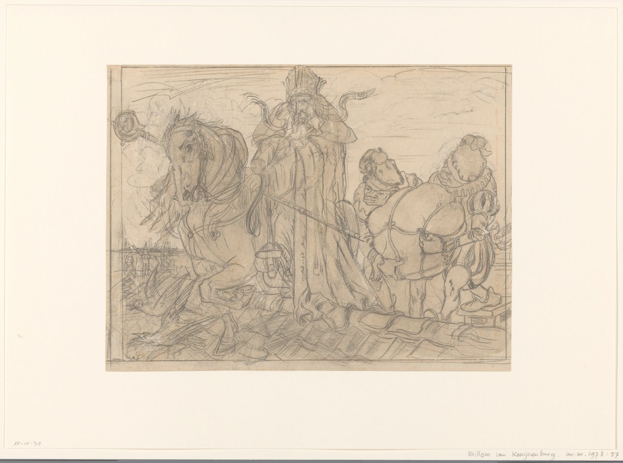 Sinterklaas com duas Piets em um telhado de Willem van Konijnenburg