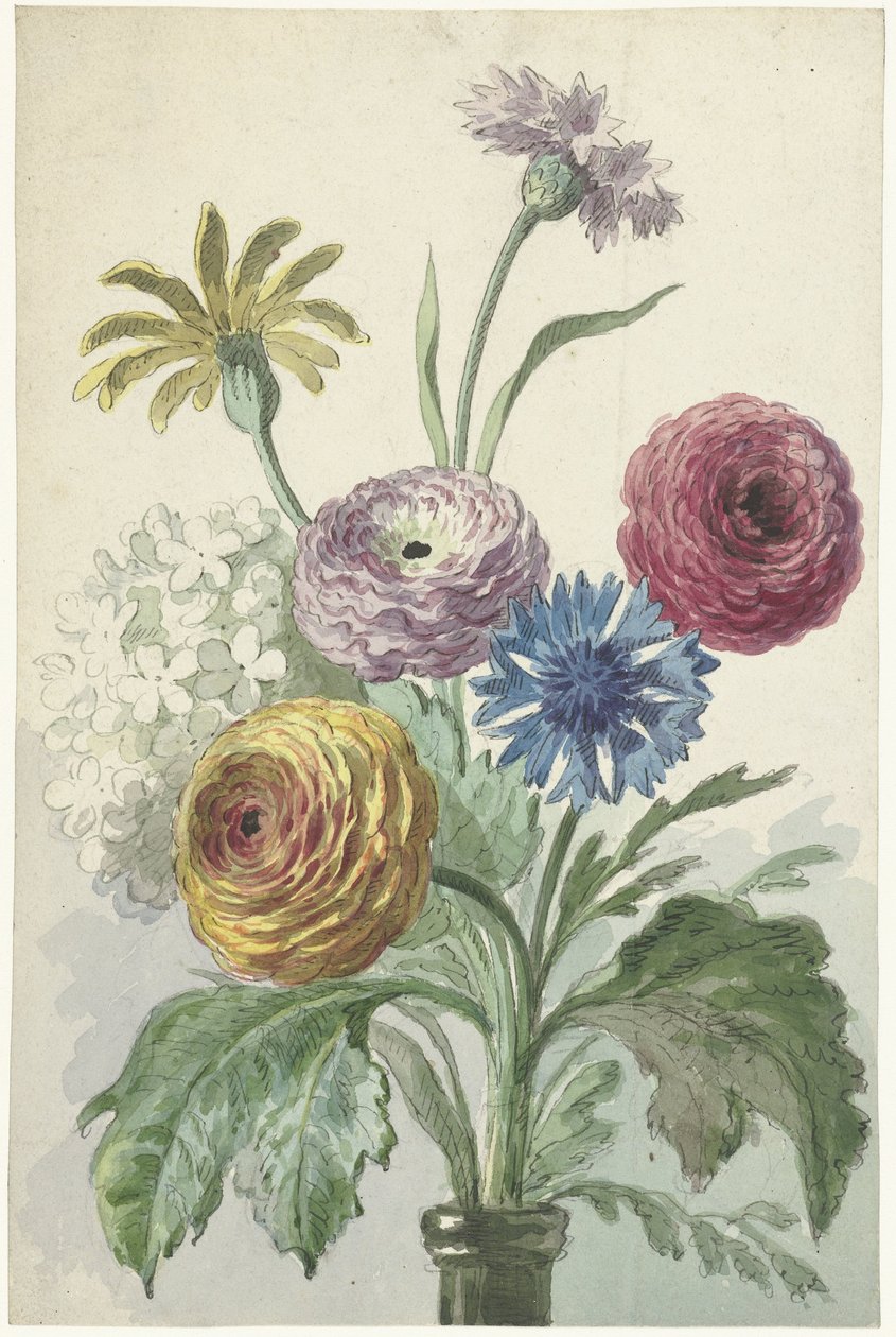 Bouquet de flores no pescoço de um vaso verde de Willem van Leen