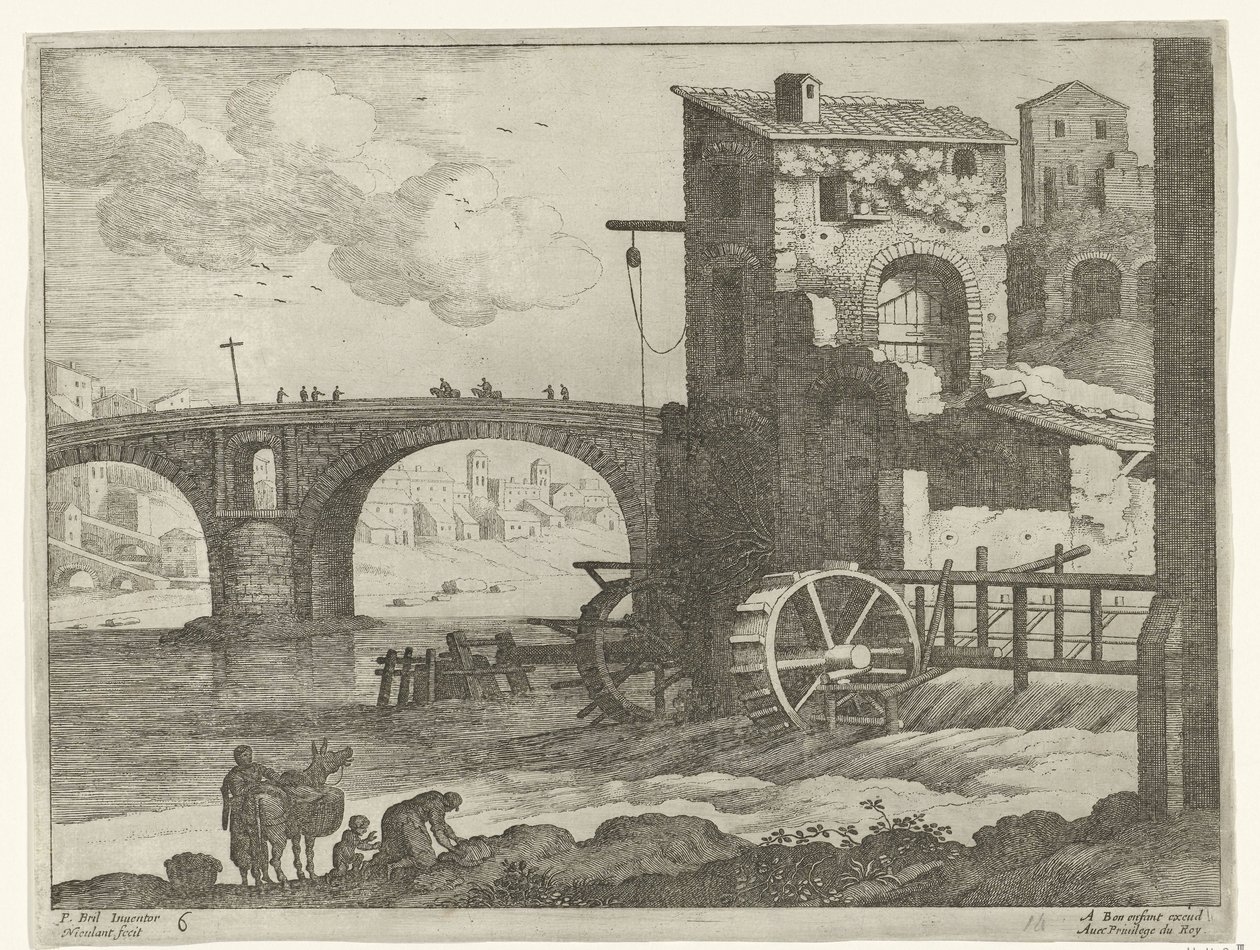 Ponte e moinho de água
Paisagens italianas (título da série) de Willem van Nieulandt (II)