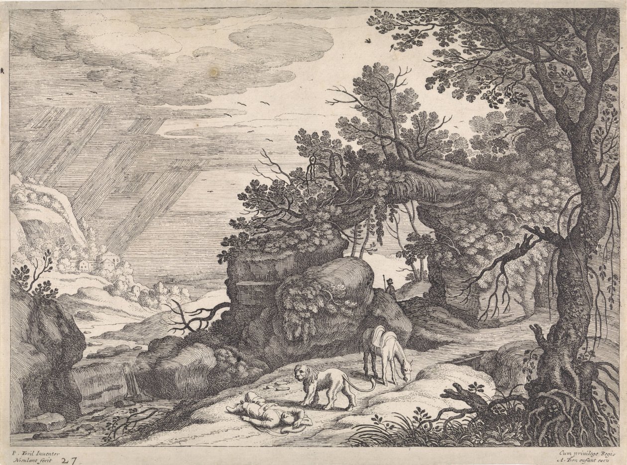 Paisagem com um homem morto de Deus, leão e burro Paisagens italianas (título da série) de Willem van Nieulandt (II)