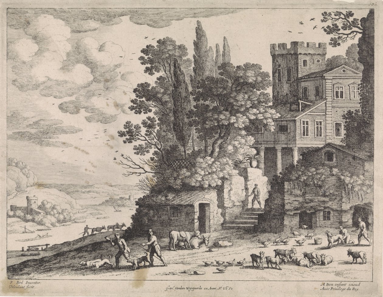 Paisagem com uma casa, figuras e gado de Willem van Nieulandt (II)