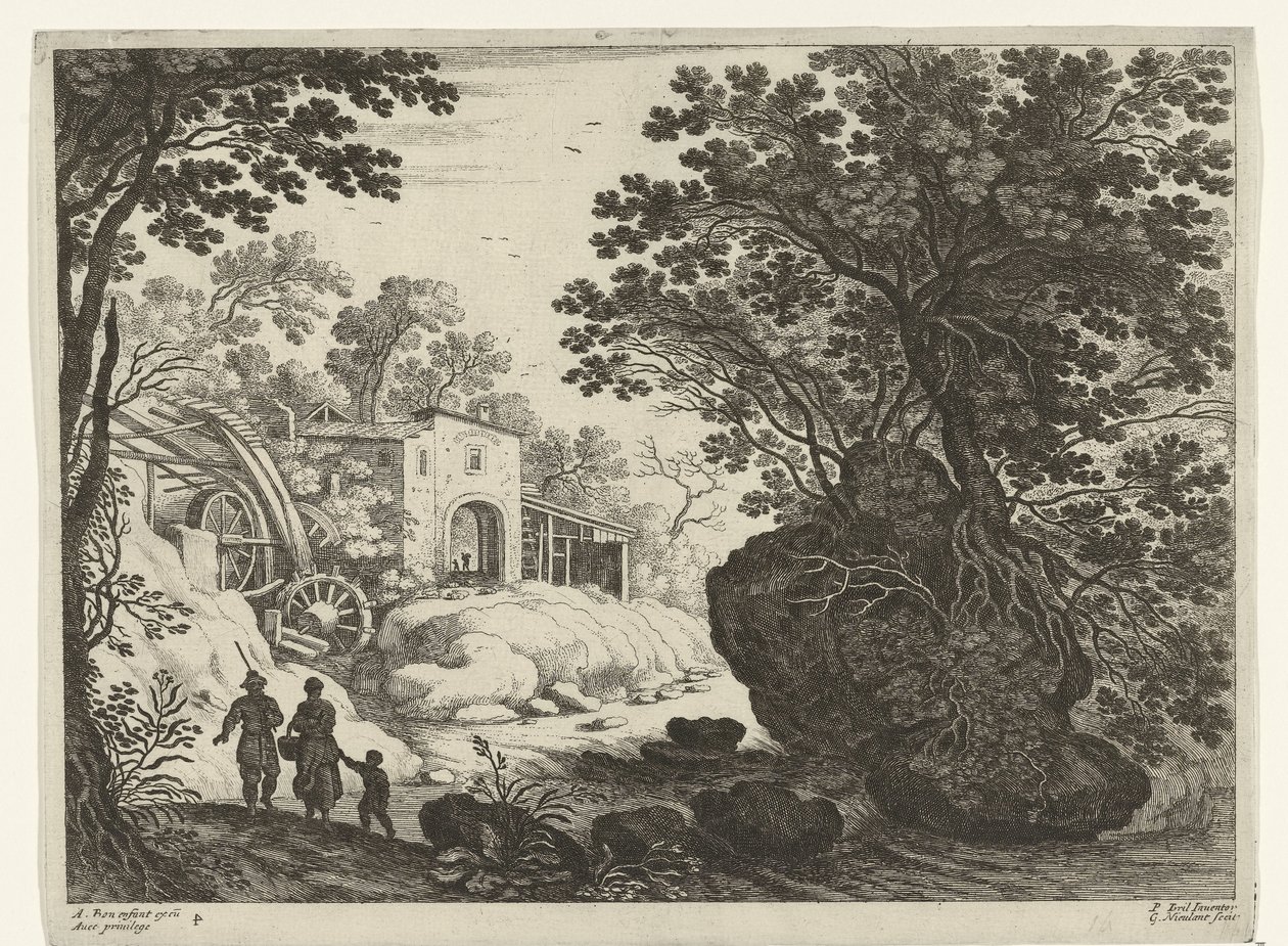 Casal e filho no moinho de água Paisagens italianas (título da série) de Willem van Nieulandt (II)