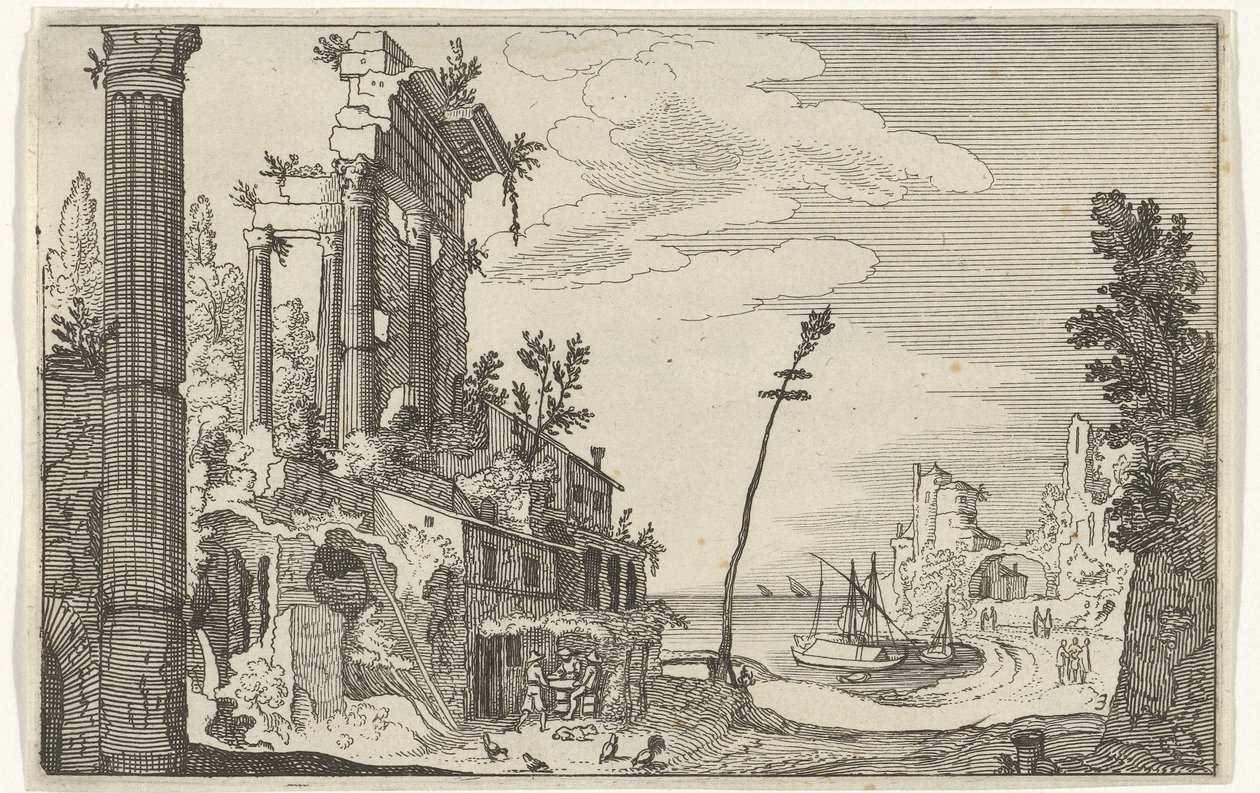 Ruínas romanas à beira-mar Ruínas romanas e paisagens costeiras (série 1) (título da série) de Willem van Nieulandt (II)