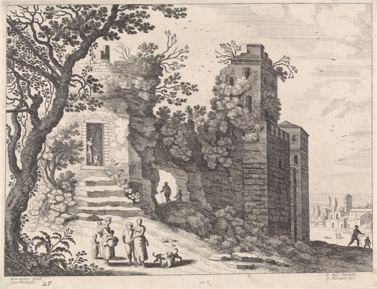 Ruína com um grupo de mulheres e crianças Paisagens italianas (título da série) de Willem van Nieulandt (II)