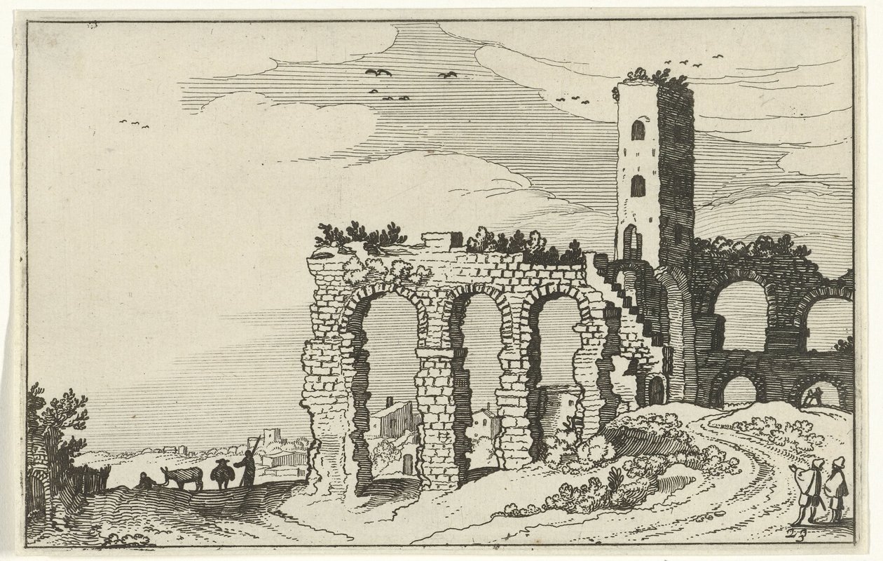 ruína do aqueduto Ruínas romanas e paisagens costeiras (série 1) (título da série) de Willem van Nieulandt (II)
