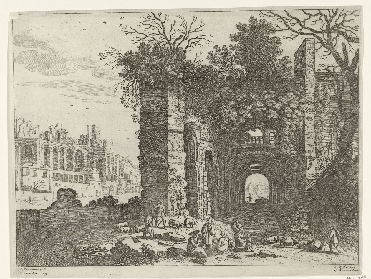 Descansando a família na frente de uma ruína Paisagens italianas (título da série) de Willem van Nieulandt (II)