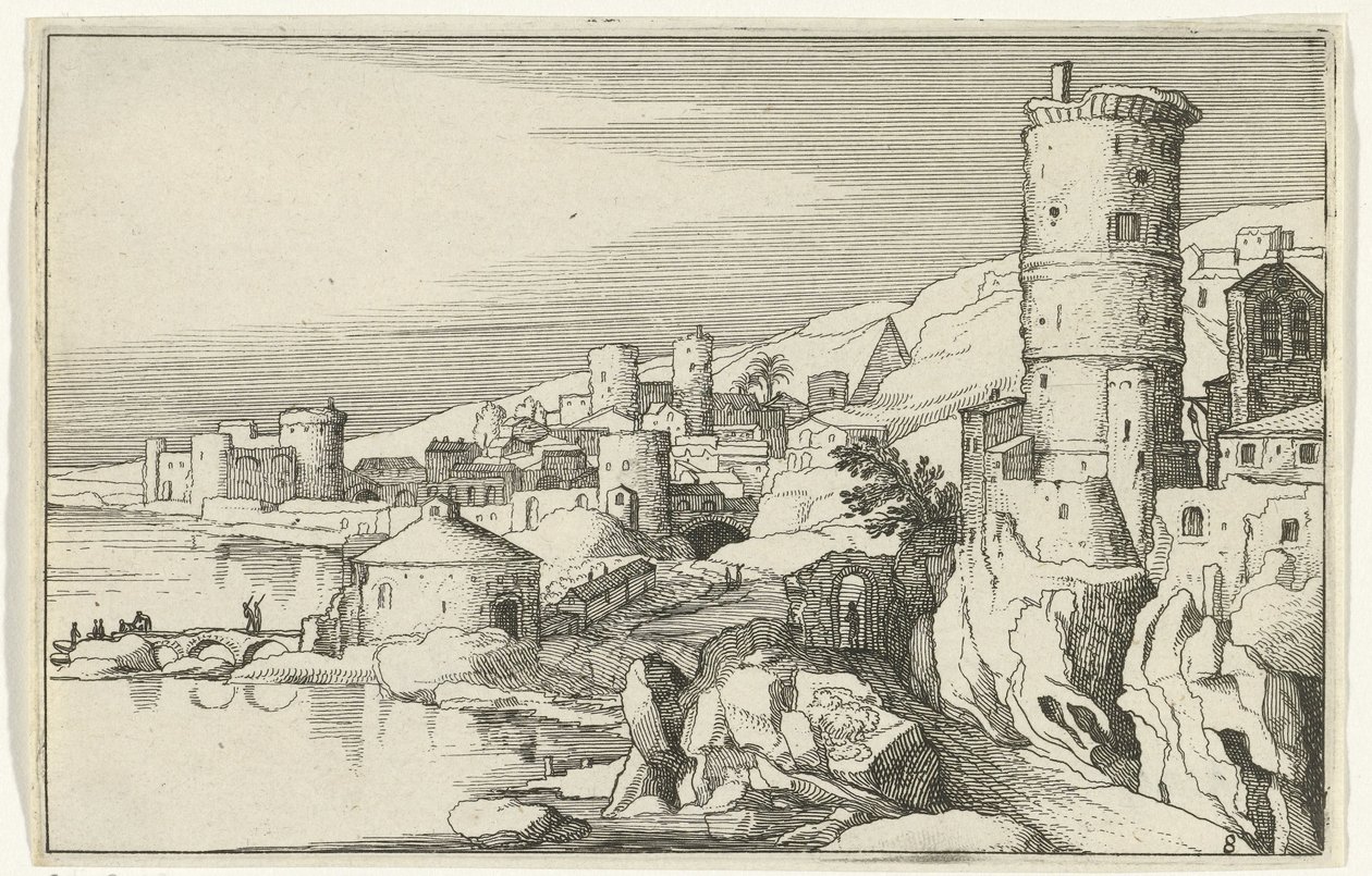Cidade com torres na beira-mar
Ruínas romanas e paisagens costeiras (série 1) (título da série) de Willem van Nieulandt (II)