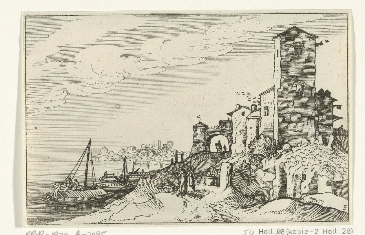 Torre e portão na costa Ruínas romanas e paisagens costeiras (série 1) (título da série) de Willem van Nieulandt (II)