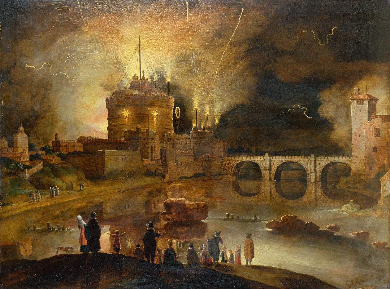 O Castel Sant Angelo, Roma, com os habitantes da cidade assistindo a uma queima de fogos à noite (óleo no painel) de Willem van Nieulandt