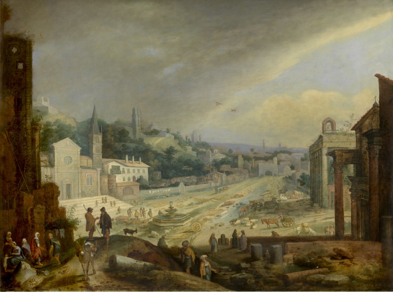 Vista do Campo Vaccino, Roma (óleo sobre painel) de Willem van Nieulandt