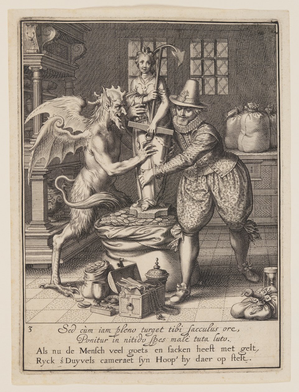Um homem e o diabo enchendo um saco de dinheiro e erguendo uma estátua da esperança, de Alegoria do mau uso dos bens mundanos de Willem van Swanenburgh