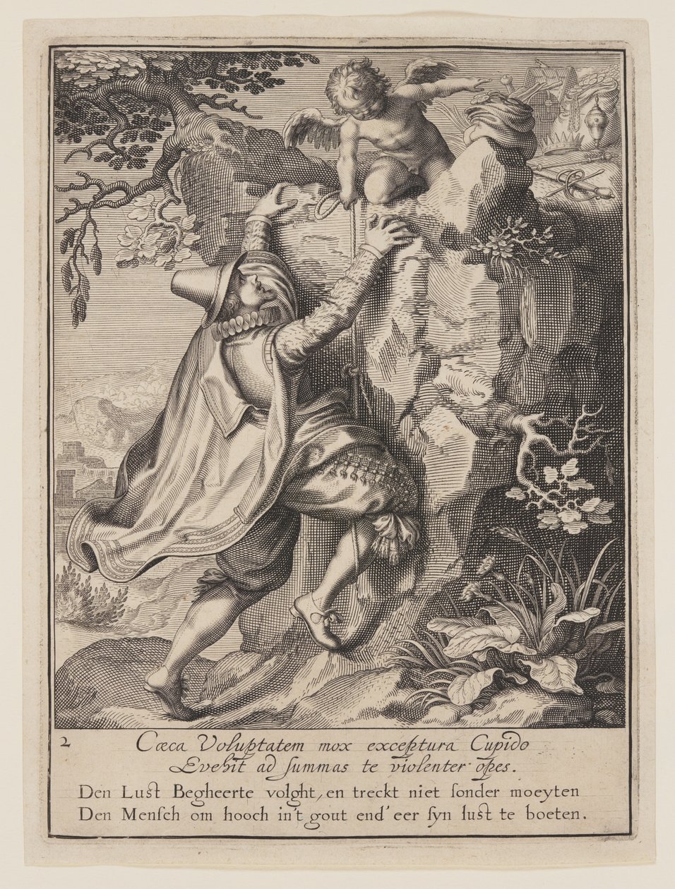 Um jovem a subir uma encosta ajudado pelo Cupido, de Alegoria do mau uso dos bens mundanos de Willem van Swanenburgh