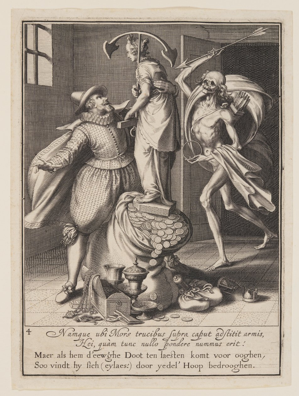A morte com uma flecha prestes a atingir o homem, de Alegoria do mau uso dos bens mundanos de Willem van Swanenburgh
