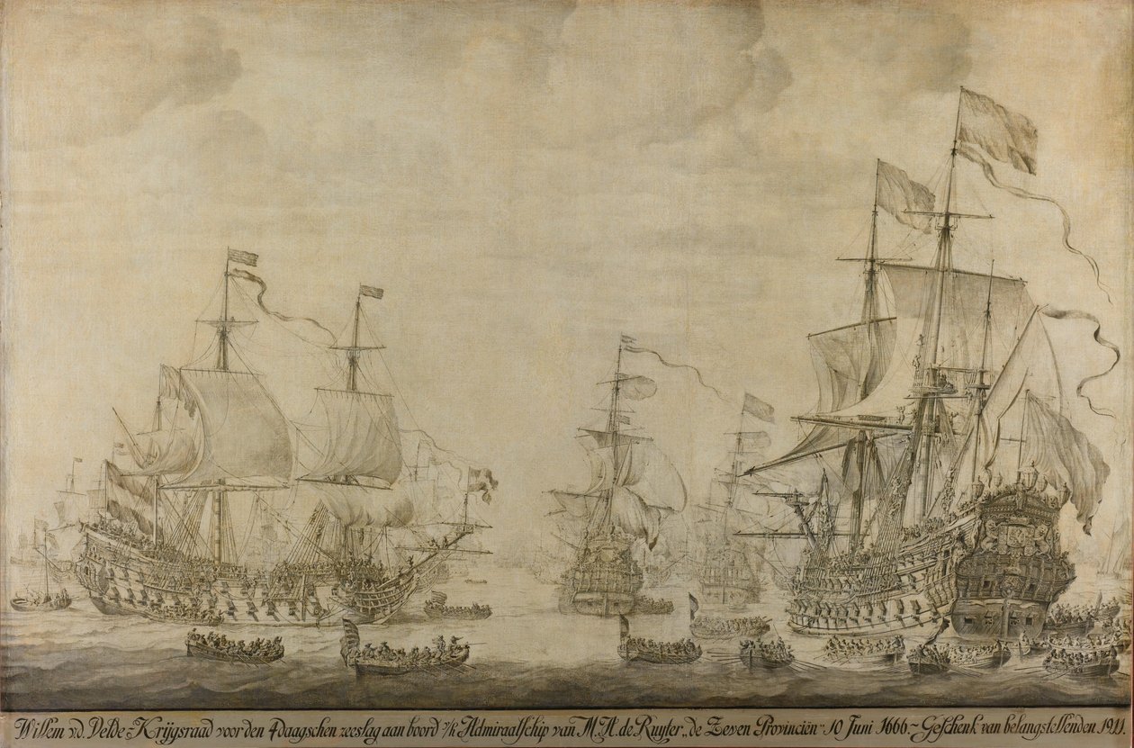 Conselho de Guerra a bordo das Sete Províncias, a Bandeira de Michiel Adriaensz de Ruyter, 10 de Junho de 1666, antes da Batalha dos Quatro Dias: episódio da Segunda Guerra Anglo-Holandesa de Willem van de Velde (I)