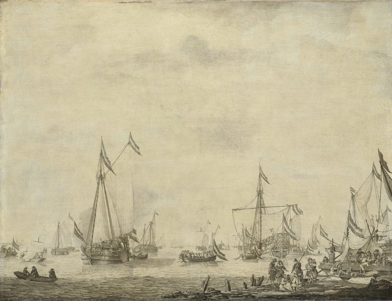 Royal Yacht and State Yacht Sail from Moerdijk com Charles II, King of England, a bordo, 1660 de Willem van de Velde (I)