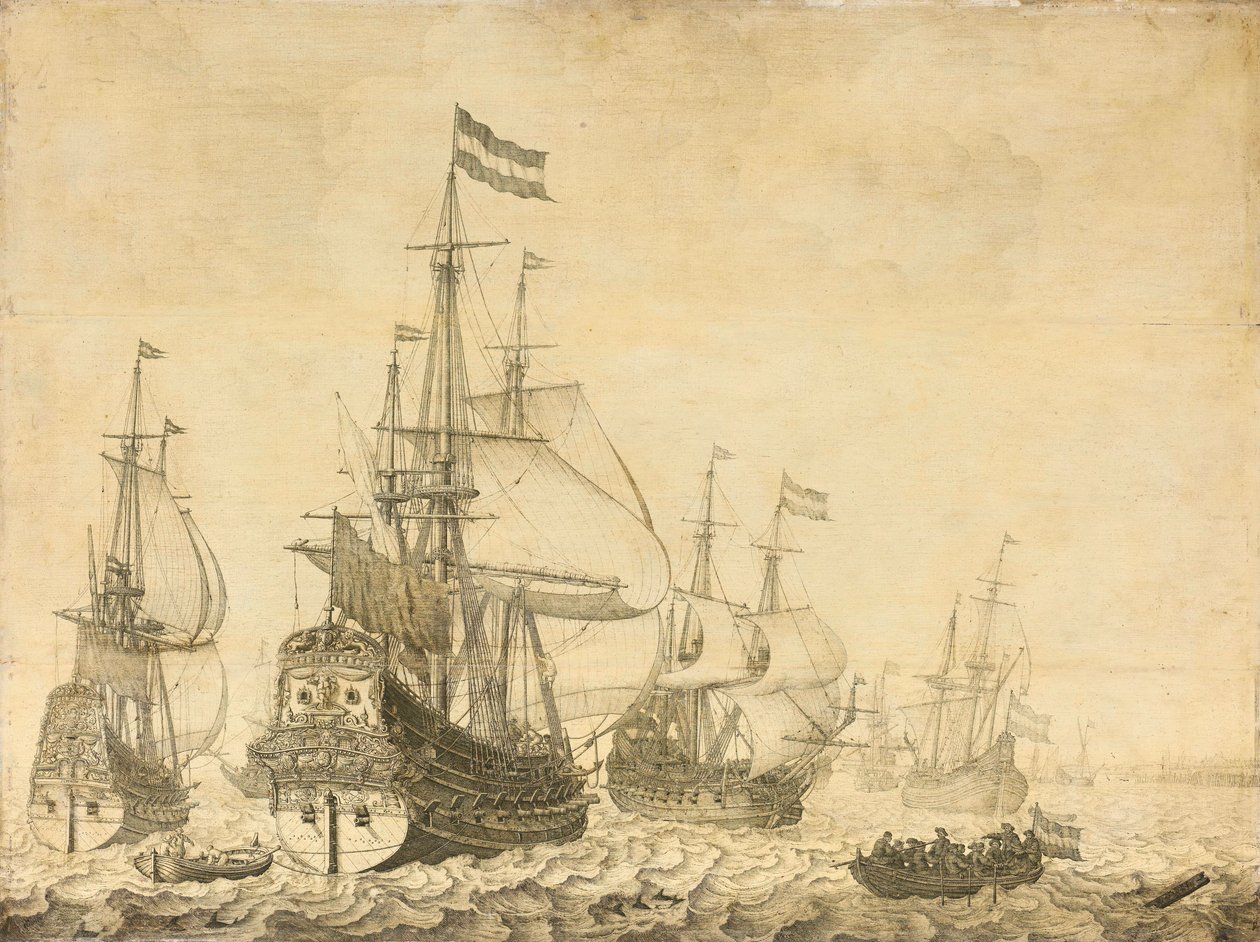 Paisagem marítima com os homens de guerra holandeses, incluindo o Drenthe e o príncipe Frederick-Henry de Willem van de Velde (I)