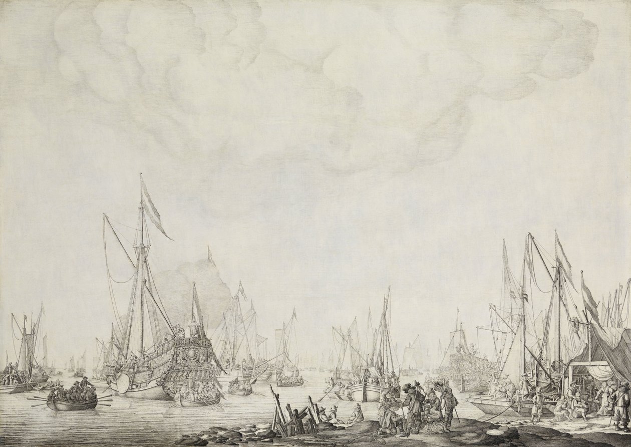 Os iates reais e estatais, possivelmente a chegada de Carlos II da Inglaterra em Moerdijk, 1660 de Willem van de Velde (I)
