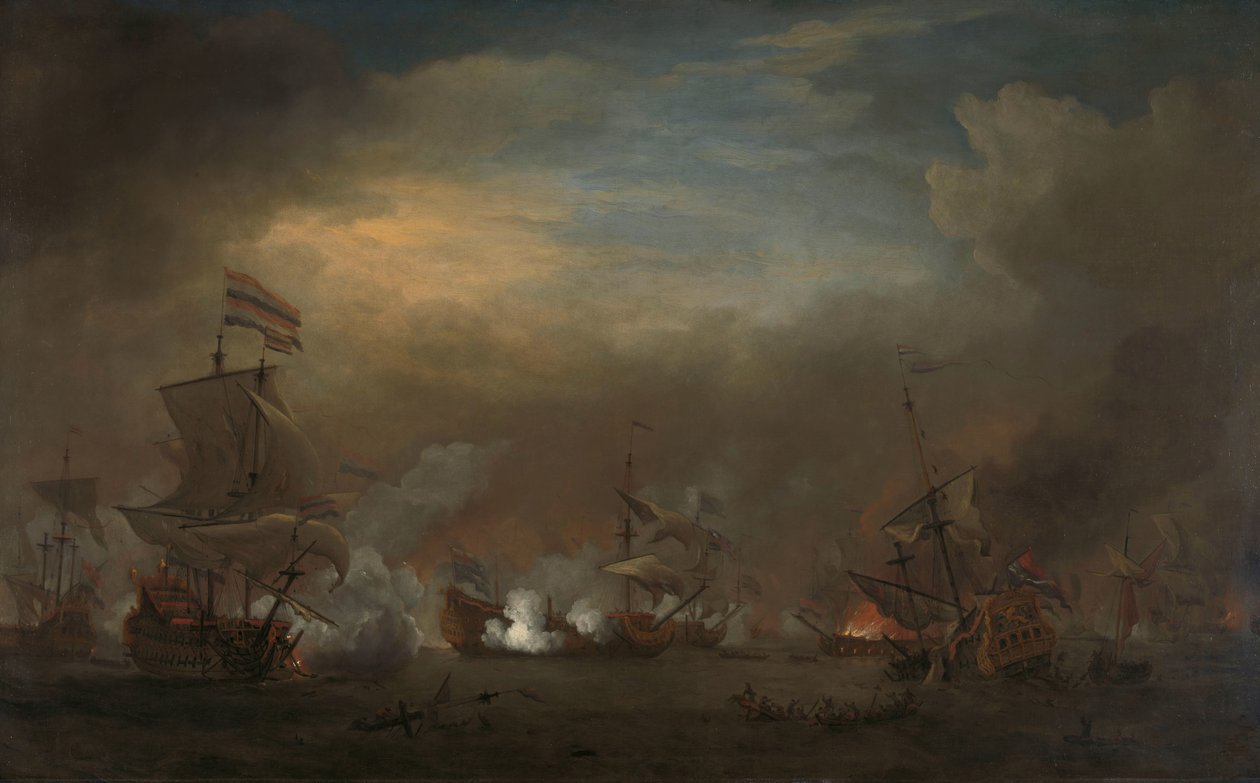 Encontro durante a Batalha de Kijkduin
Batalha do Mar entre Cornelis Tromp no Gouden Leeuw e Sir Edward Spragg no Príncipe Real durante a Batalha de Kijkduin (Batalha de Texel), 21 de Agosto de 1673: episódio da Terceira Guerra Anglo-Holandesa de Willem van de Velde (II)
