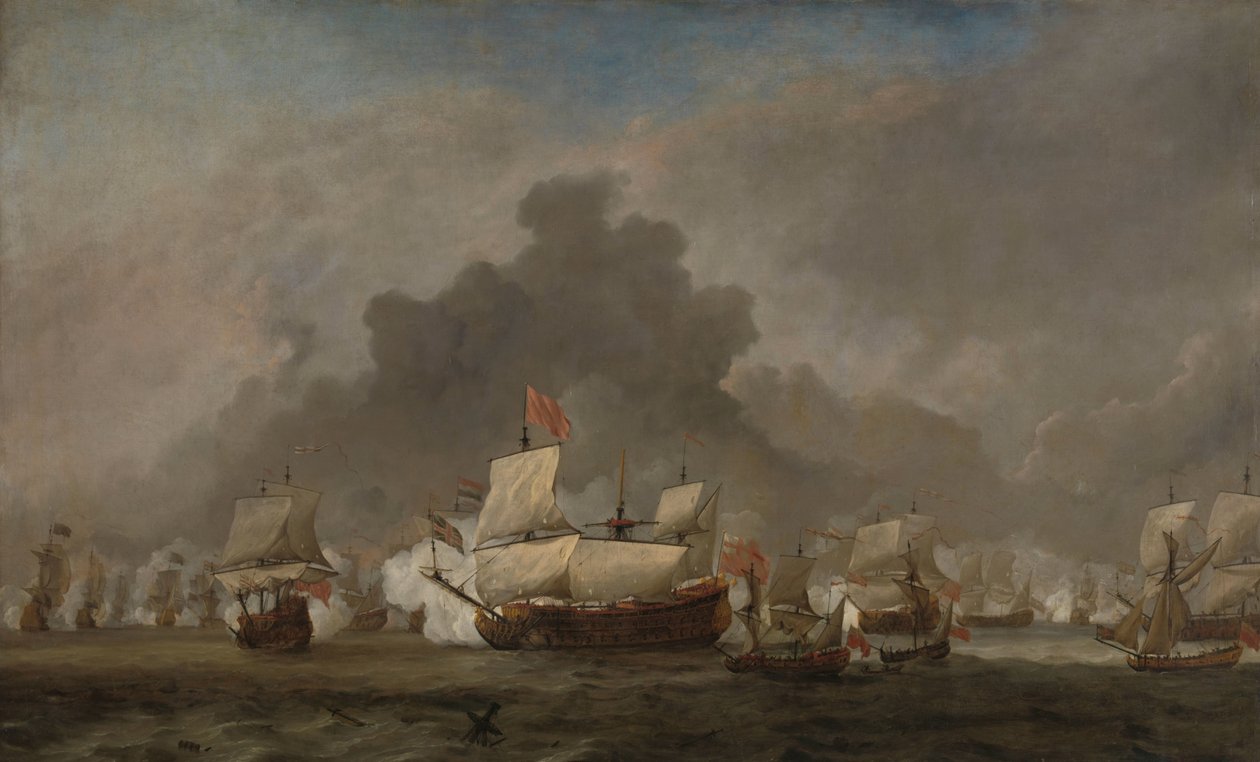Batalha Naval entre Michiel Adriaensz de Ruyter e o Duque de York no Príncipe Real durante a Batalha de Solebay, 7 de junho de 1672: episódio da Terceira Guerra Anglo-Holandesa de Willem van de Velde (II)