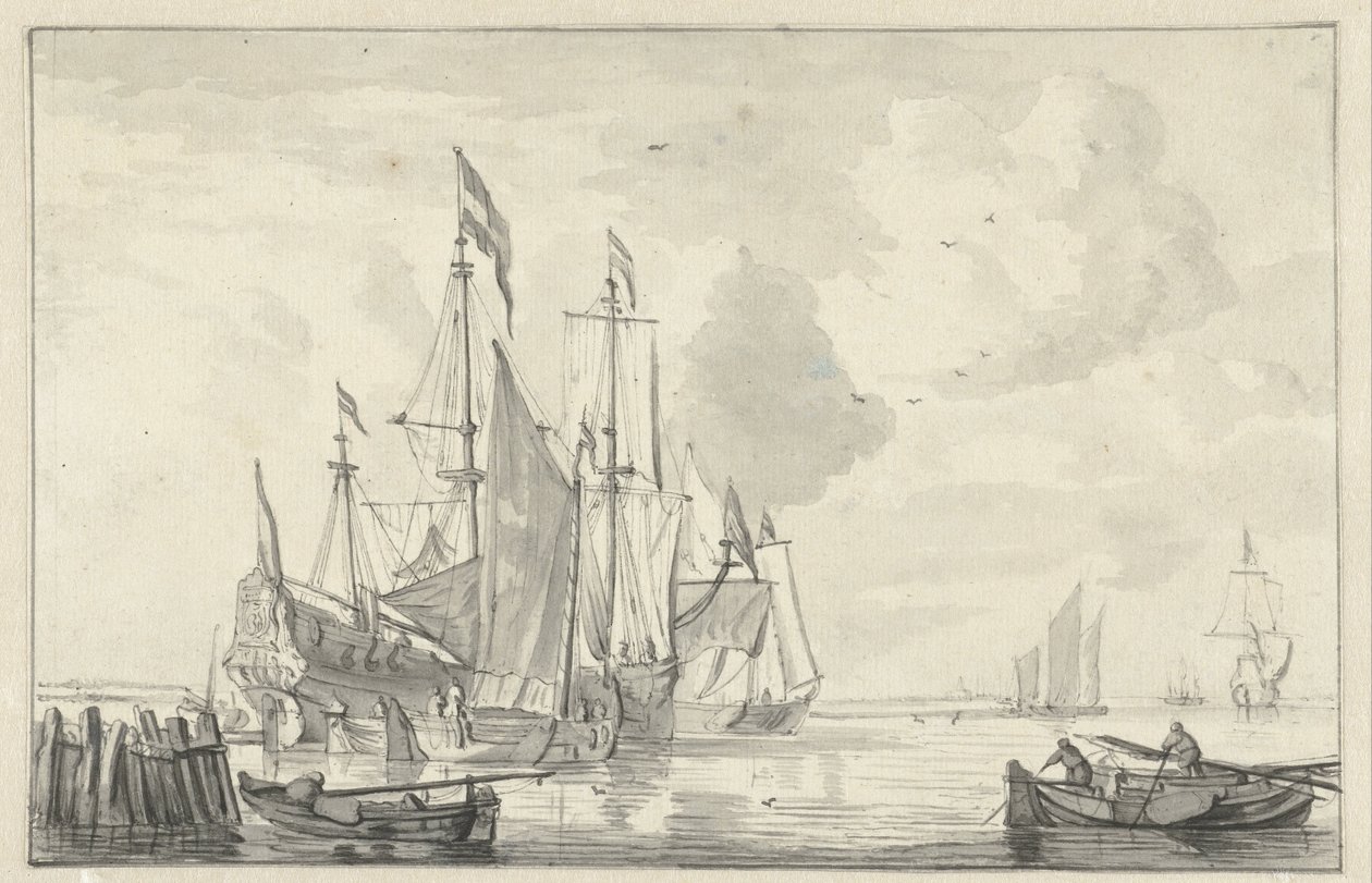 Seascape com alguns navios em águas calmas perto da costa de Willem van de Velde (II)
