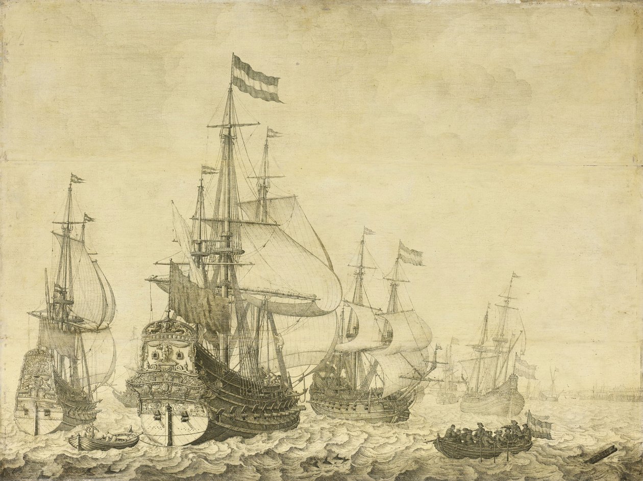 Seascape com homens-de-guerra holandeses, incluindo o Drenthe e o Príncipe Frederick-Henry, c.1670 (pintura no painel) de Willem van de Velde