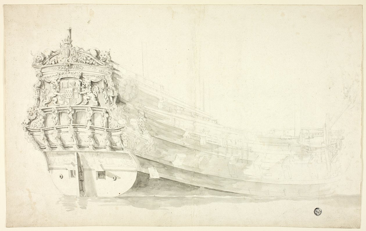 Navio holandês com proa ornamental visto de estibordo de Willem van de Velde I