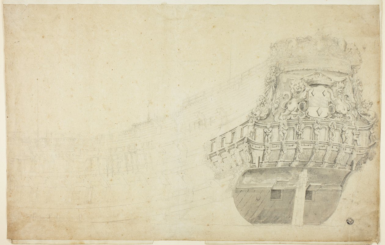 Esboço parcial de um navio holandês visto de bombordo de Willem van de Velde I