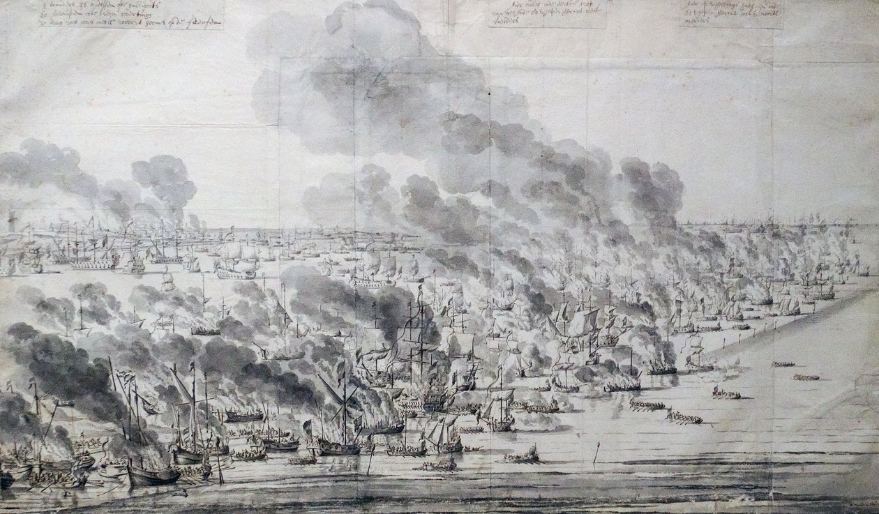 Robert Holmes ateando fogo à frota holandesa em Terschelling de Willem van de Velde the Elder