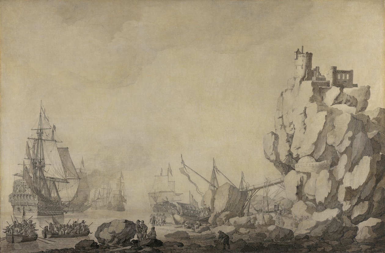 Navios e Milícias por uma Costa Rochosa de Willem van de Velde the Elder