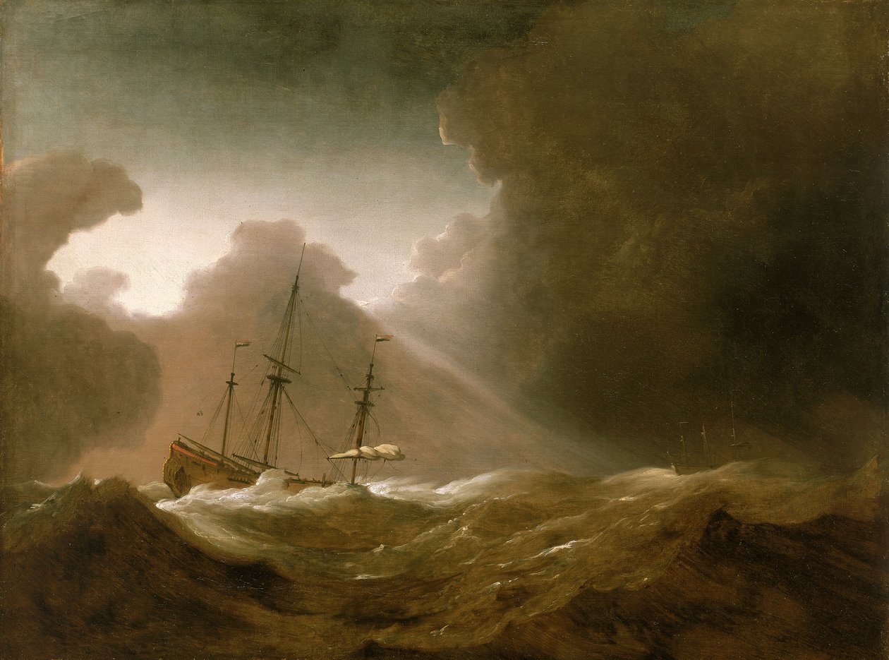 Um navio holandês a afundar-se antes de uma tempestade, c.1690 (óleo sobre tela) de Willem van de Velde the Younger