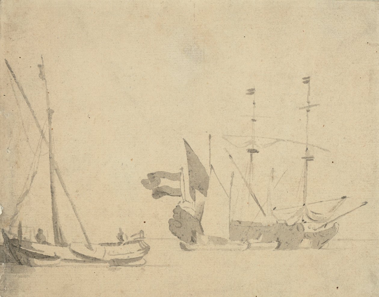 Um boeier num cais e um navio holandês ancorado, c.1665 (aguada cinzenta) de Willem van de Velde the Younger