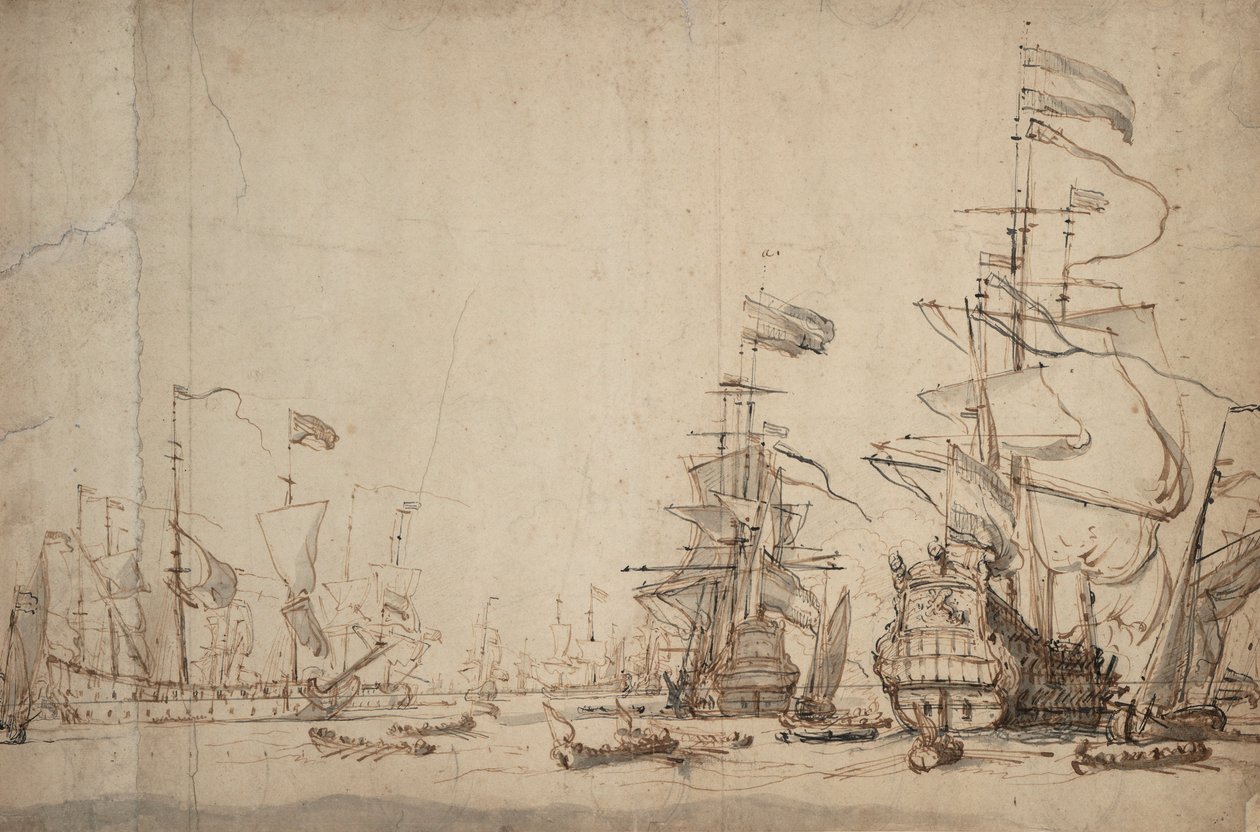 Um conselho de guerra na frota holandesa maio de 1665, c.1674 (caneta, tinta castanha, lavagem cinzenta) de Willem van de Velde the Younger