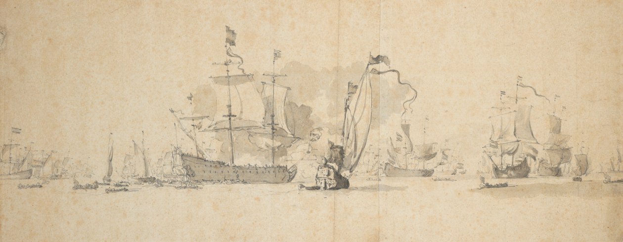 Um conselho de guerra na frota holandesa, maio de 1665, c.1665 (grafite, lavagem a cinzento) de Willem van de Velde the Younger