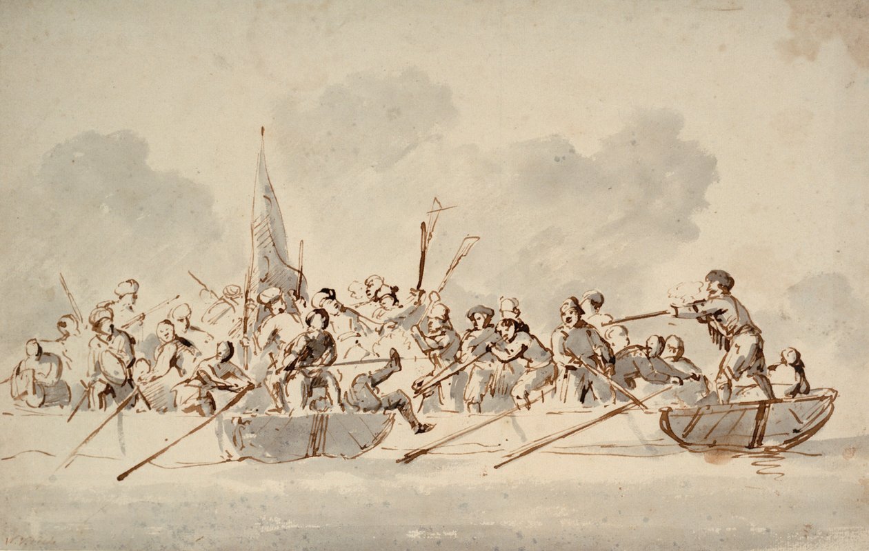 Uma luta em barcos com piratas da Barbária, c.1685 (desenho) de Willem van de Velde the Younger