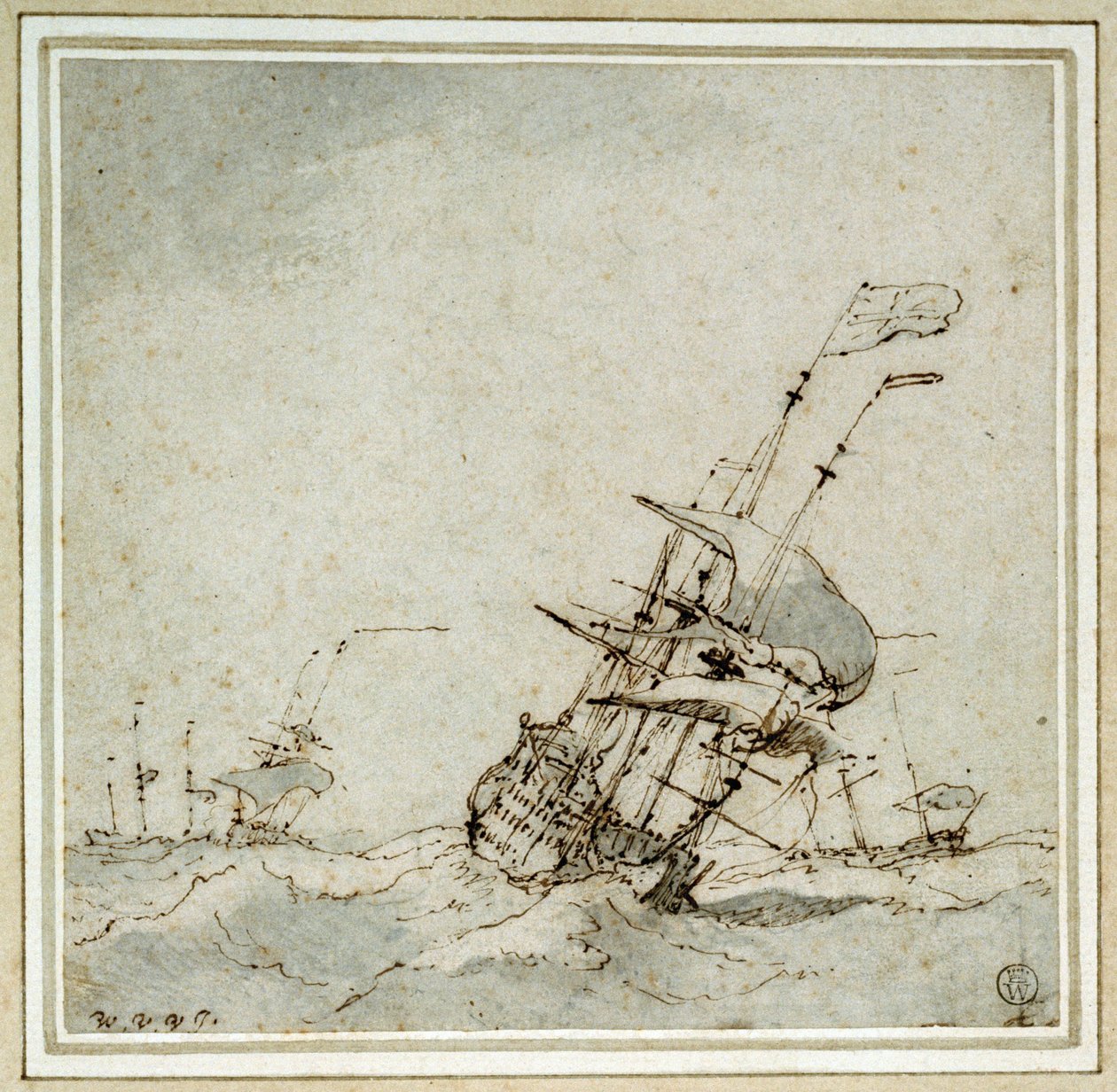 Um navio-almirante (porta-bandeira), a acelerar para escapar à tempestade. Desenho de Willem van de Velde, o Jovem (1633-1707), executado por volta de 1700. de Willem van de Velde the Younger
