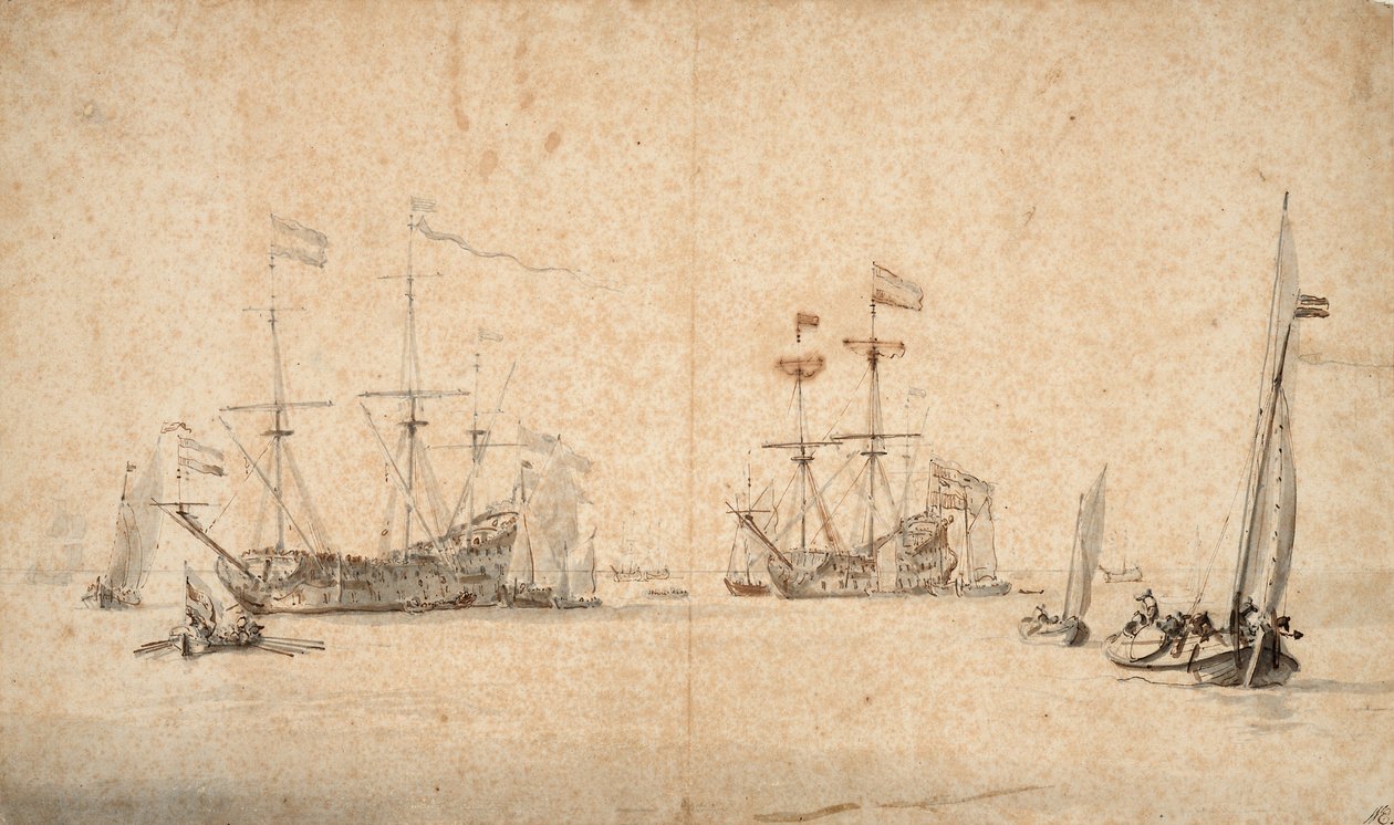Um kaag a correr livremente e dois navios de bandeira holandeses ancorados, c.1665 (caneta, tinta castanha, lavagem cinzenta) de Willem van de Velde the Younger