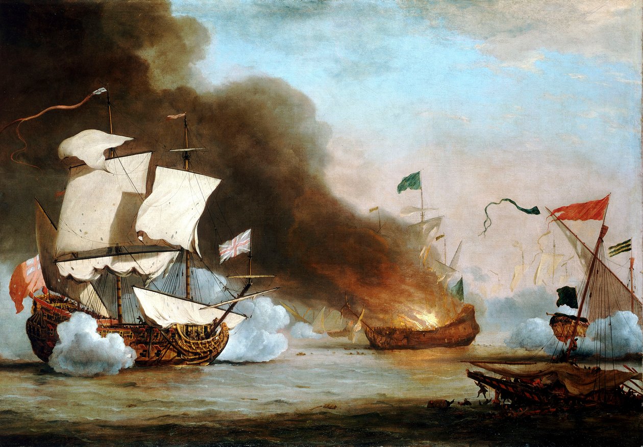 Um navio inglês em ação contra corsários da Barbária, cerca de 1680, c.1685 (óleo sobre tela) de Willem van de Velde the Younger