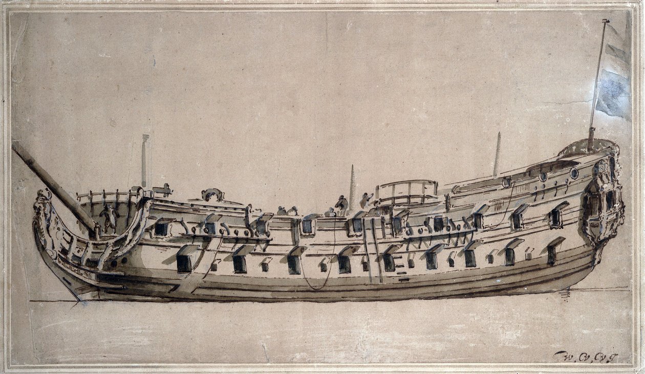 Navio britânico de quarta classe, com 42 canhões, construído por volta de 1675. Desenho a tinta de Willem van de Velde, o Jovem (1633-1707) de Willem van de Velde the Younger