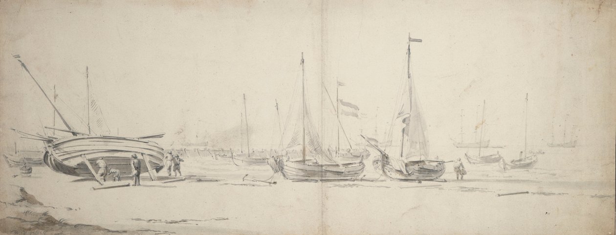 Rosas e weyshuits arrastados para terra, c.1665 (grafite, cinzento, lavagem castanha) de Willem van de Velde the Younger