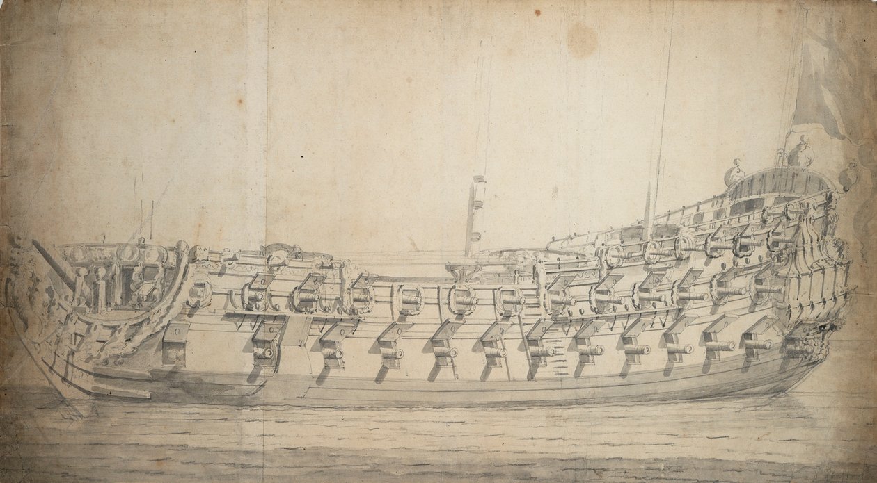 Retrato do navio "Grafton", de terceira classe, construído em 1679 e reconstruído em 1700, c.1680 (grafite, lavagem cinzenta) de Willem van de Velde the Younger