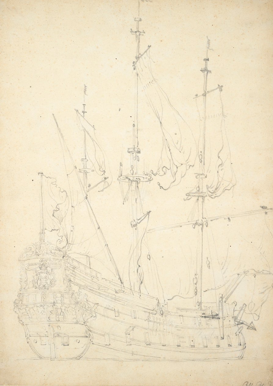 Retrato do "Groeningen". Construído em 1641. 48 canhões. Fretado pela Dinamarca em 1666-1667 e não mencionado posteriormente. Também chamado "Stad Groeningen", "Wapen van Groeningen" e "Zwarte Arend", c.1666 (offset, grafite) de Willem van de Velde the Younger